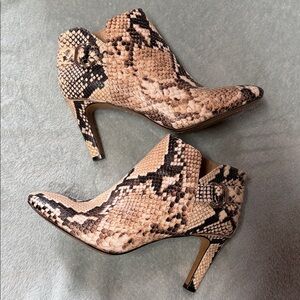 Vince Camuto Snake Print Ankle Booties in Beige and Black